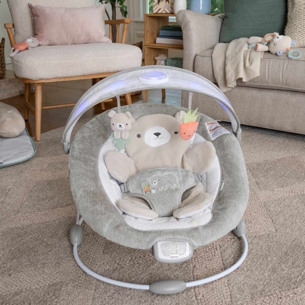 Ingenuity InLighten Baby Bouncer Seat with Light Up Toy Bar - Gray