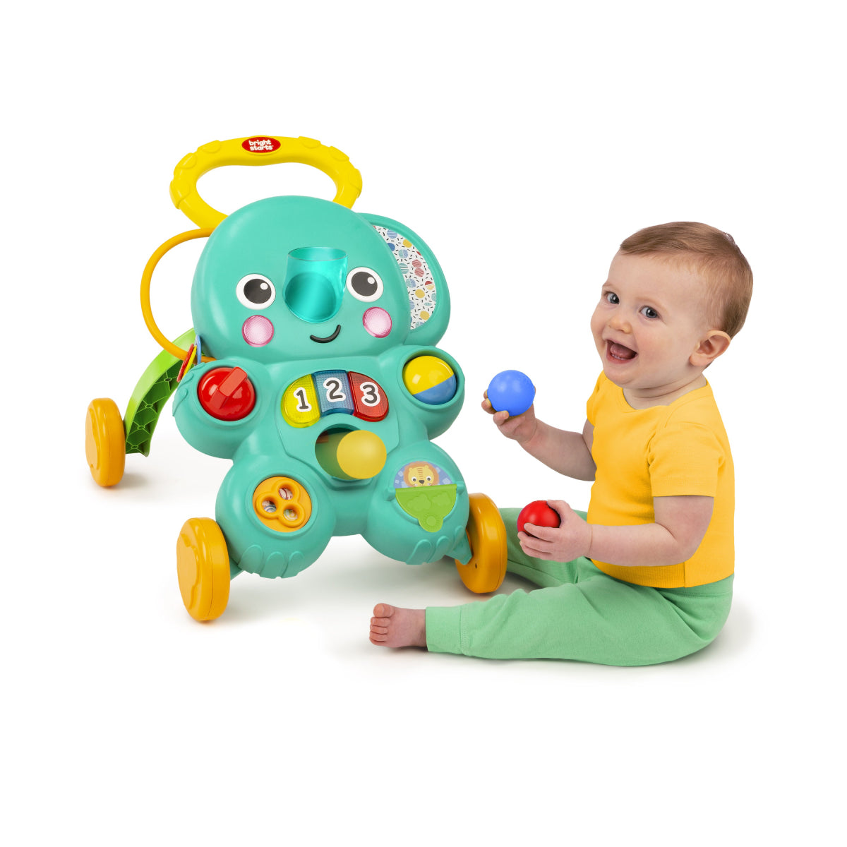 Bright Starts Stroll 'n Roll Elephant 2-in-1 Ball Play Walker with 70+ Songs and Sounds - Blue