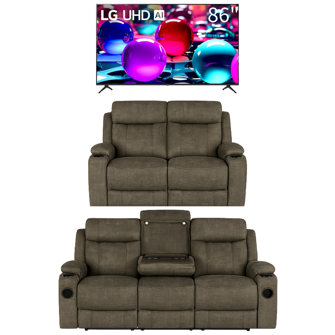 Bundle: Dubai Power Recliner Sofa and Love Seat + LG 86" Class UA7500 4K UHD AI Smart TV