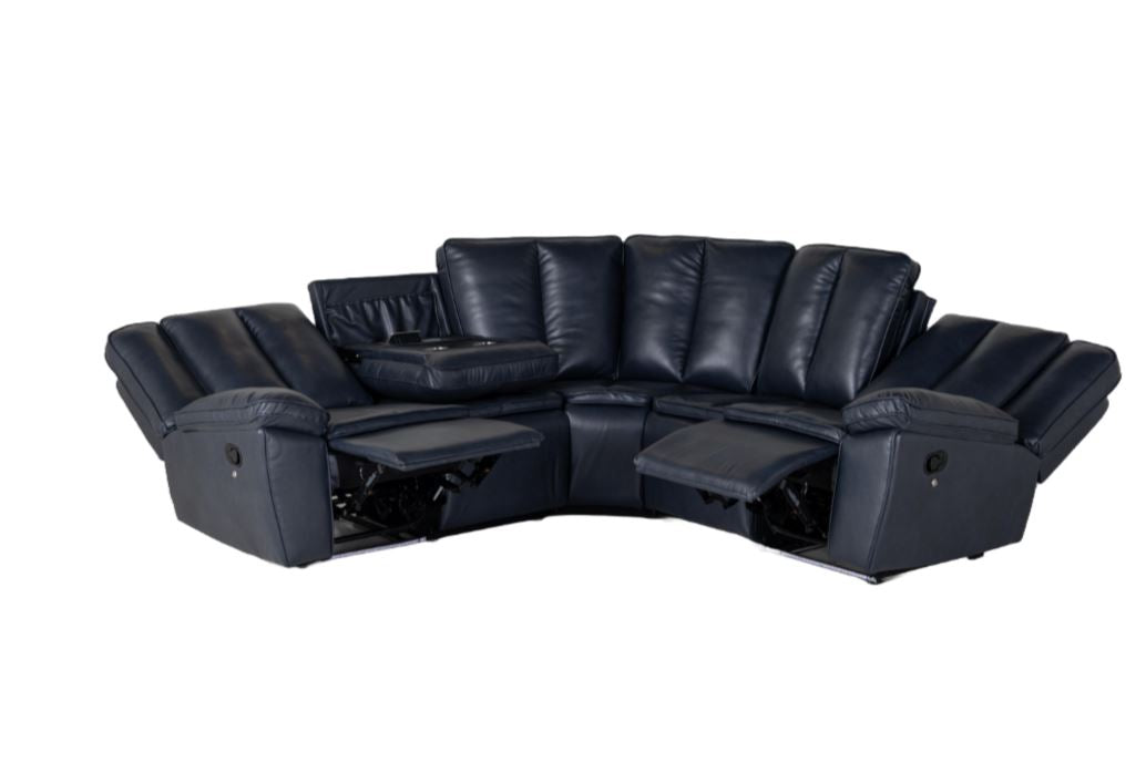Kara Dark Blue Sectional Set W/ Drop Down Table And Power Strip W/ Wireless Charge And Led Light