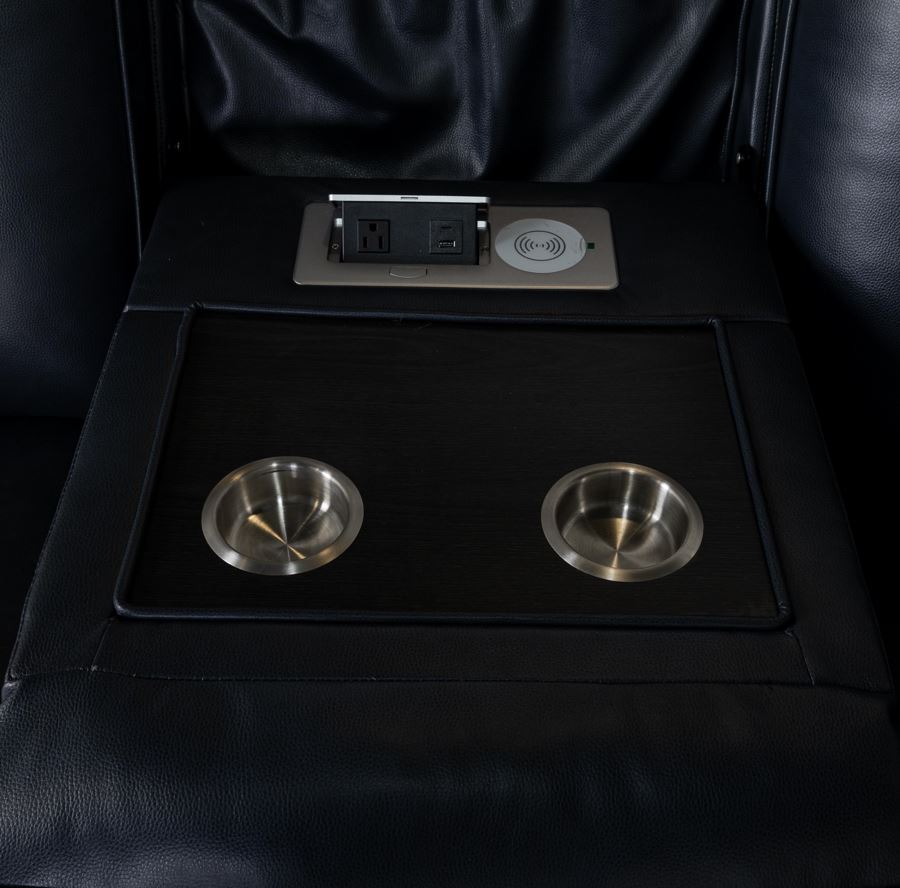 Kara Dark Blue Sectional Set W/ Drop Down Table And Power Strip W/ Wireless Charge And Led Light