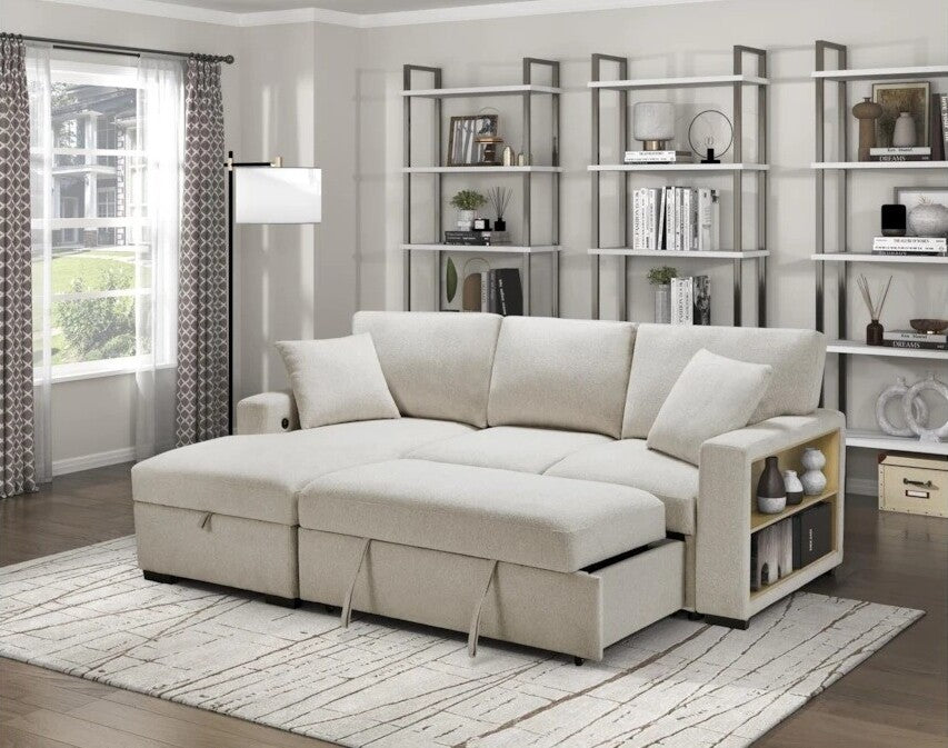 Capri Beige Boucle Fabric 2 Piece Convertible Sleeper Sectional