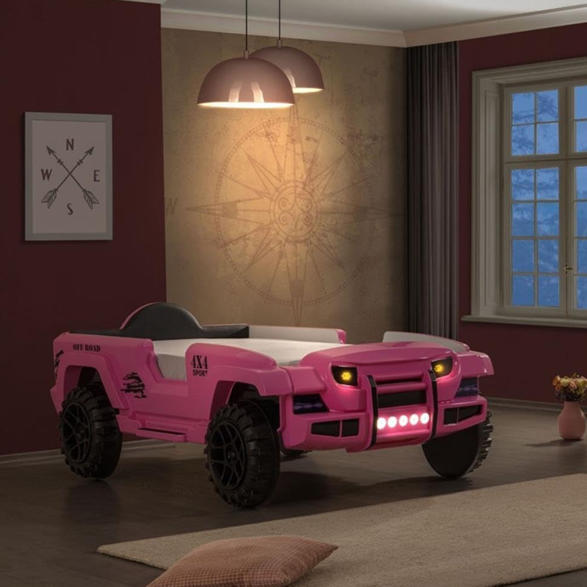Cama doble todoterreno tapizada en piel sintética con funciones de luz y sonido - Rosa
