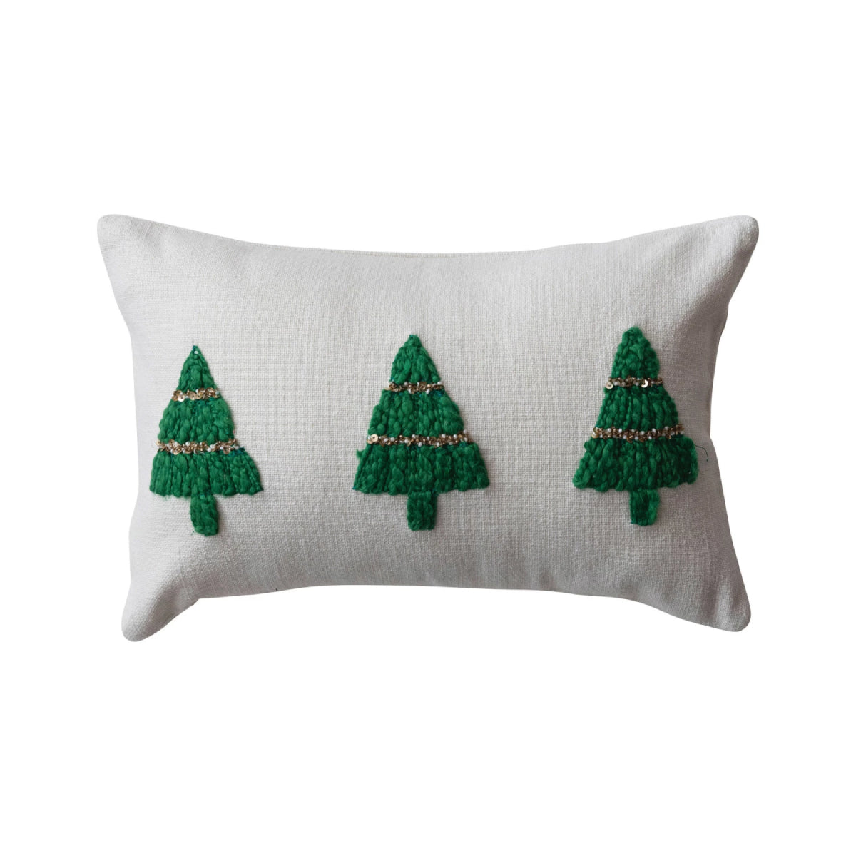 Creative Co-op Pillow with Embroidered Christmas Trees and Beads - White/Green
