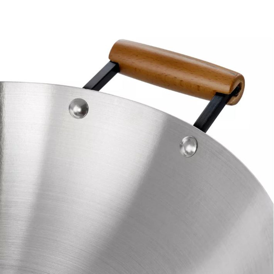 Oster Sangerfield 137514.01 14" Stainless Steel Flat Bottom Wok with Wooden Handles - Silver