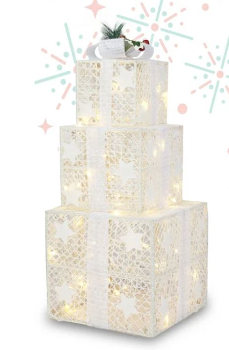 Juego de 3 cajas de regalo iluminadas con decoración navideña y luz cálida, color blanco