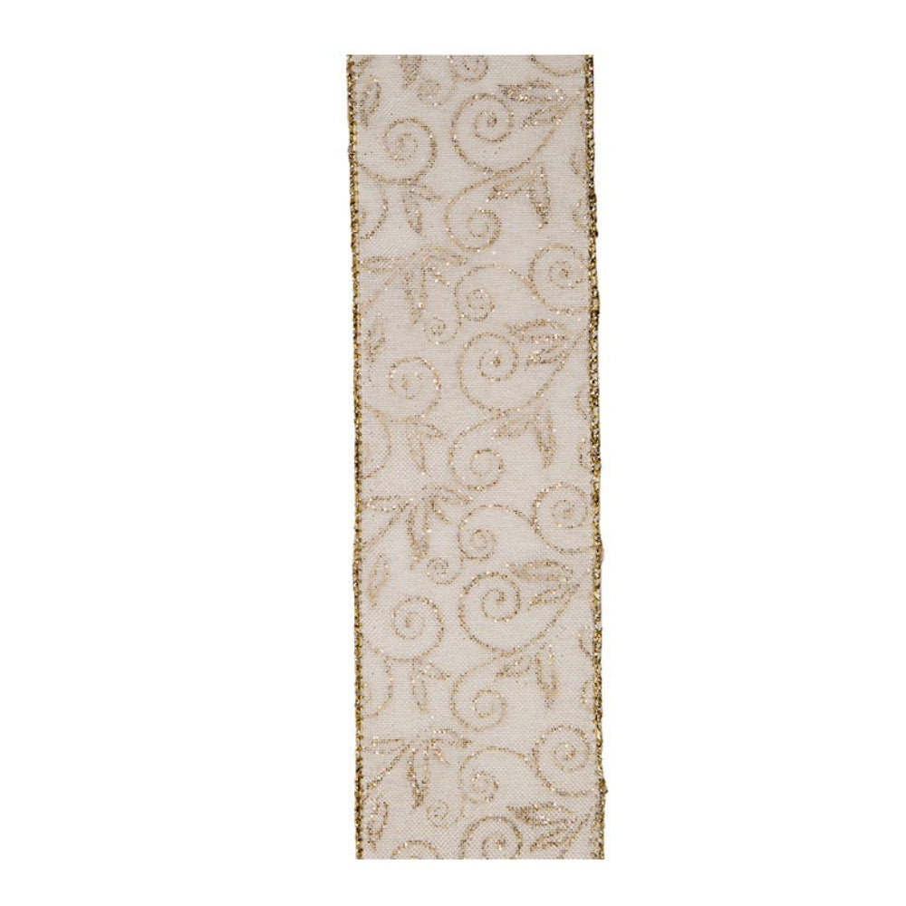 Cinta de alambre doble con brillantina de Kurt Adler, 4" x 10 yardas, marfil/dorado