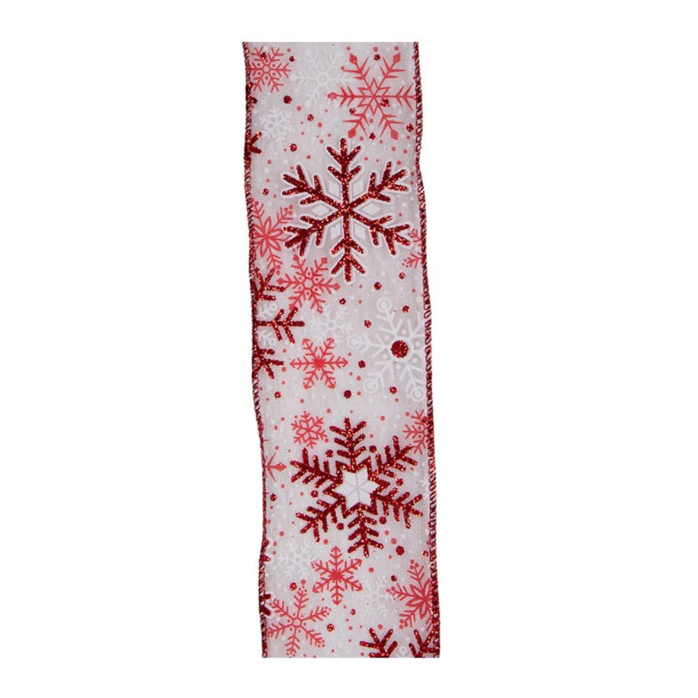 Kurt Adler 2.5" x 10 Yards Snowflake Patterned Double Wire Ribbon, Red/White