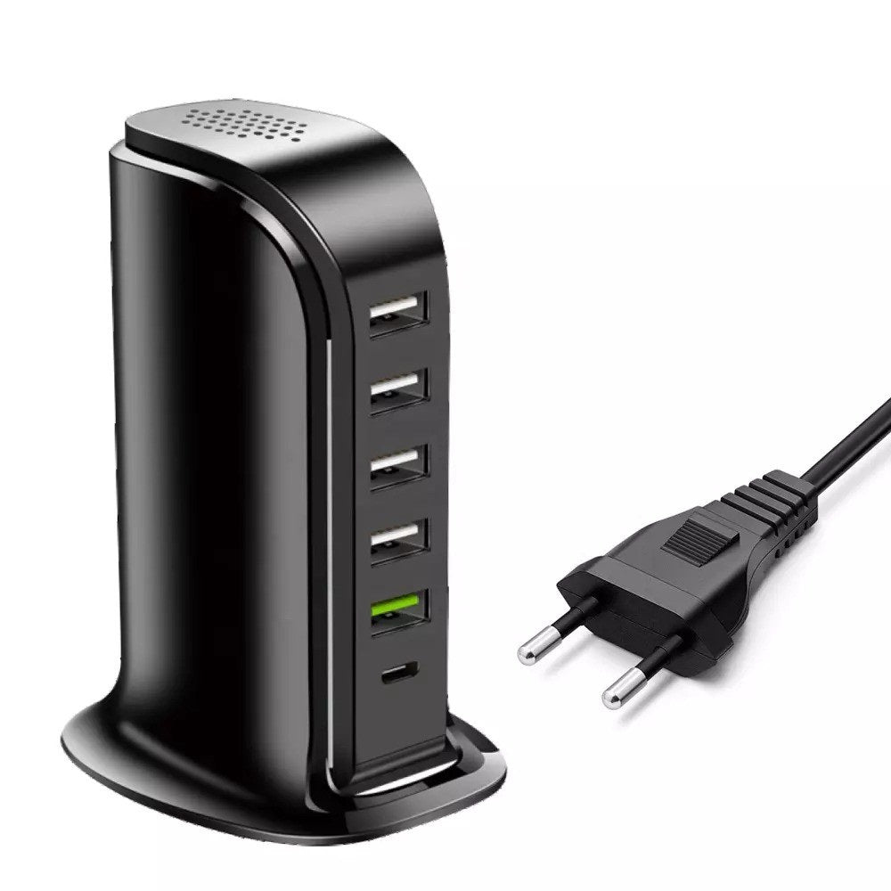 Cargador USB de 6 puertos y 40 W, color negro