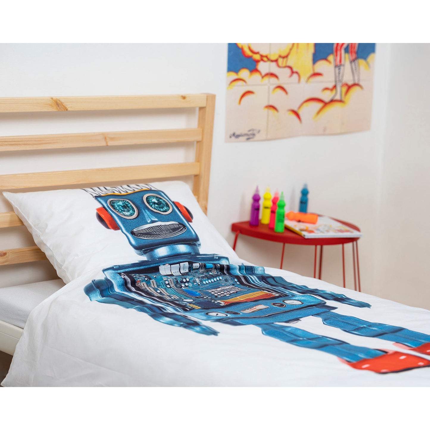 Juego de funda nórdica de dos piezas con diseño de robot Snurk, tamaño doble, blanco y azul