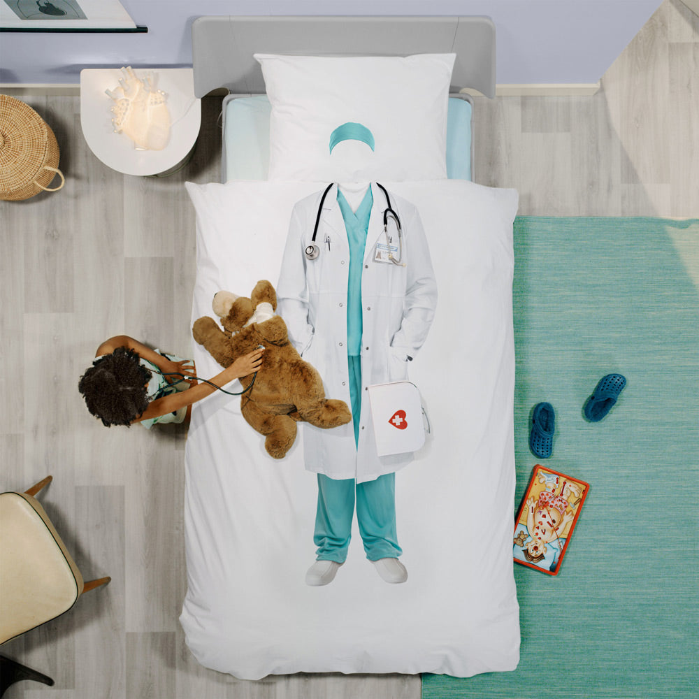 Juego de funda nórdica Snurk Twin Size de 2 piezas, diseño de doctor, color blanco y verde