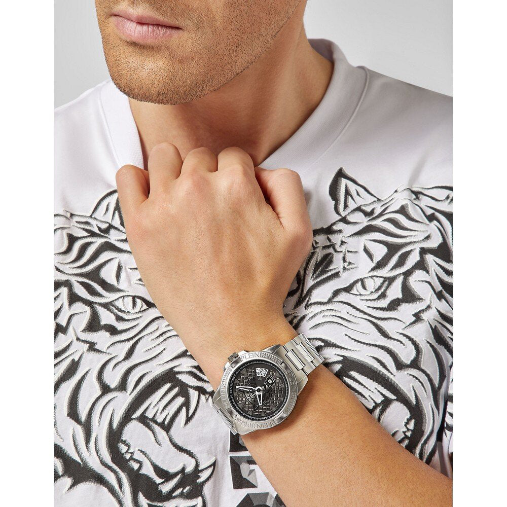 Plein Sport Touchdown Men's 44mm Quartz Silver Bracelet Watch - Black Dial