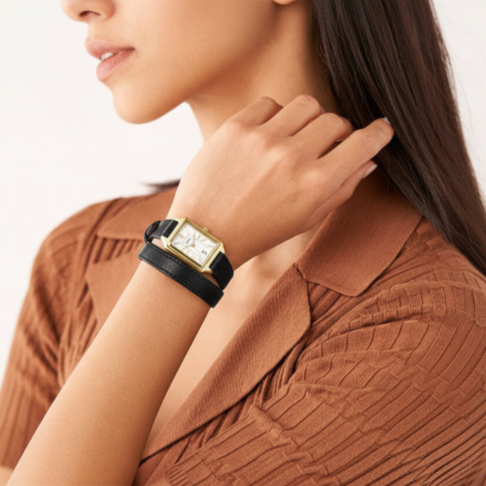 Reloj de cuarzo con correa de piel para mujer Fossil Raquel con fecha y tres manecillas de 23 mm, color negro