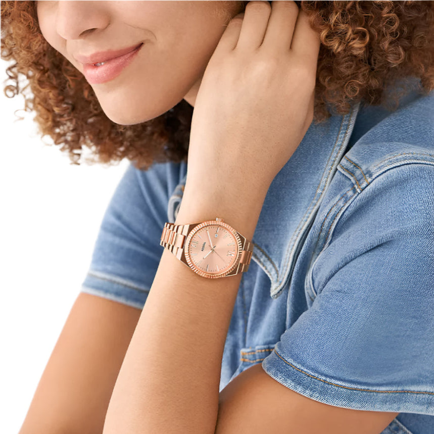 Reloj Fossil Scarlette para mujer, pulsera con fecha y tres manecillas, 38 mm, oro rosa