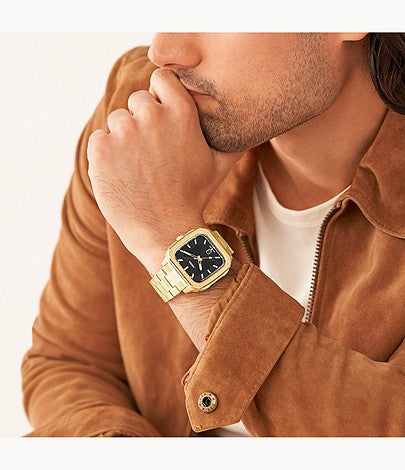 Reloj Fossil Inscription para hombre, de acero inoxidable, con tres manecillas y pulsera en tono dorado, de 42 mm, esfera negra