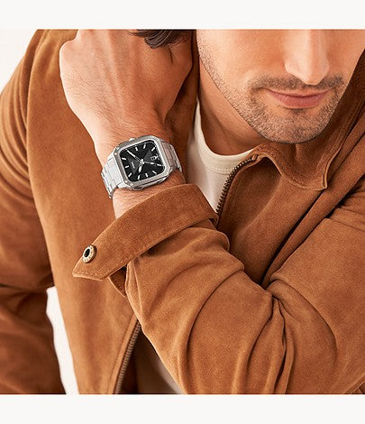 Reloj Fossil Inscription para hombre, de acero inoxidable, con tres manecillas y pulsera plateada de 42 mm, esfera negra