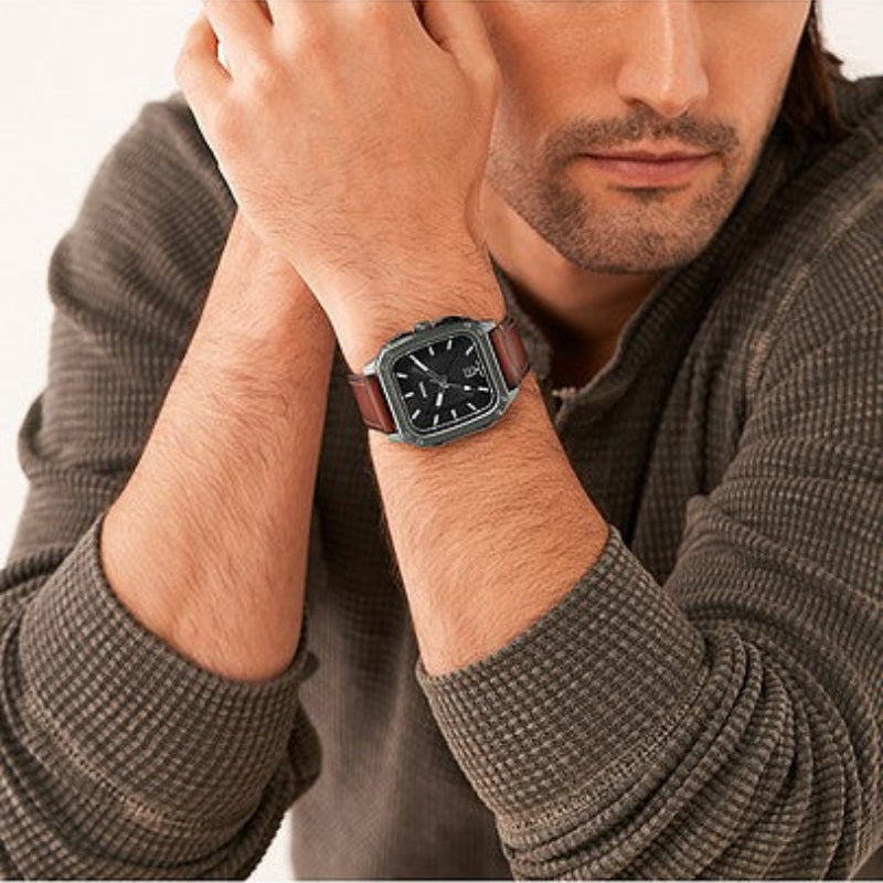 Reloj Fossil Inscription para hombre, correa de cuero con tres manecillas, 42 mm, esfera negra