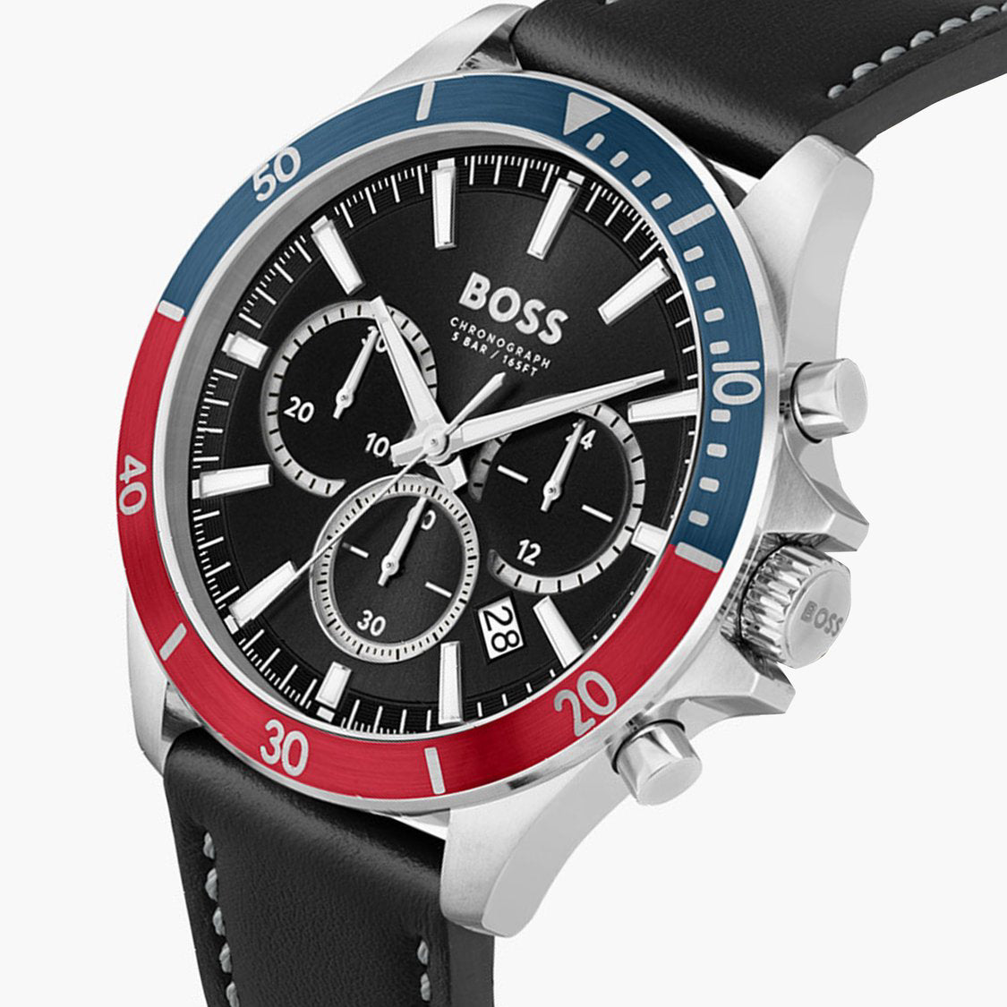 Reloj cronógrafo Boss Troper de 45 mm con correa de cuero para hombre, color negro