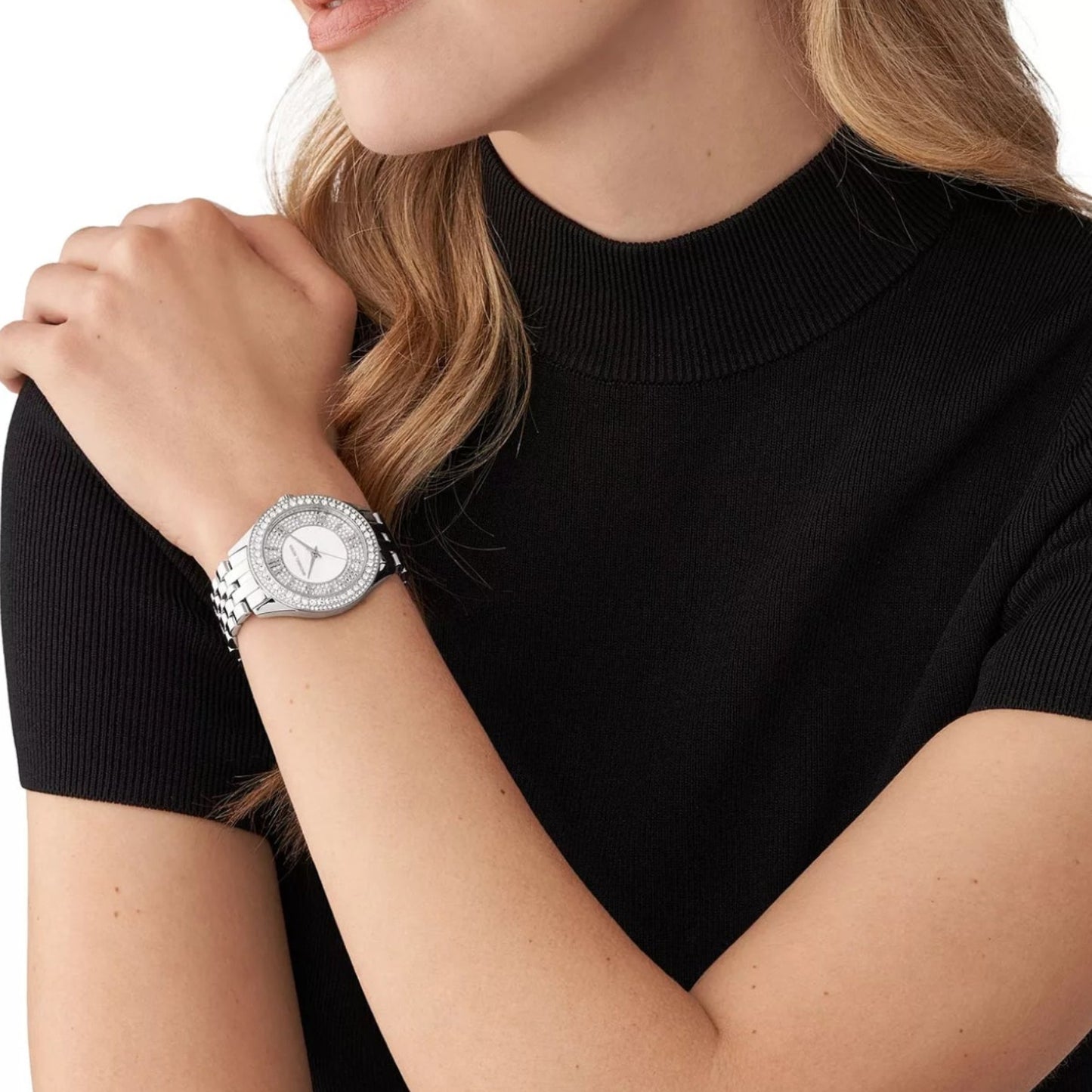 Reloj Michael Kors Harlowe para mujer, con pulsera plateada de tres manecillas de 38 mm y esfera blanca