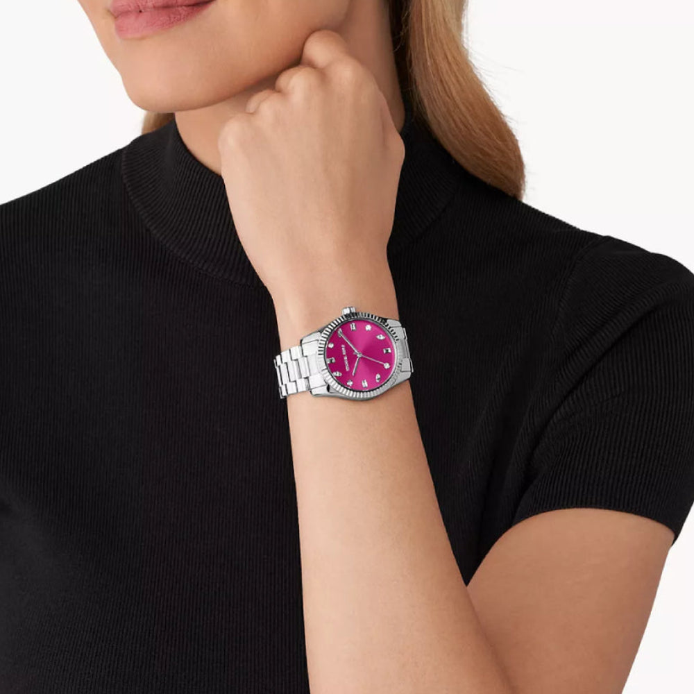 Reloj Michael Kors Lexington para mujer, con pulsera plateada de tres manecillas de 38 mm y esfera rosa