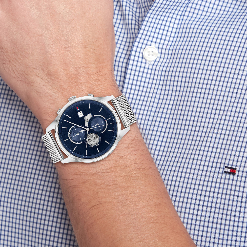 Reloj de cuarzo con pulsera de malla de acero inoxidable de 44 mm para hombre de Tommy Hilfiger Weston - Esfera azul