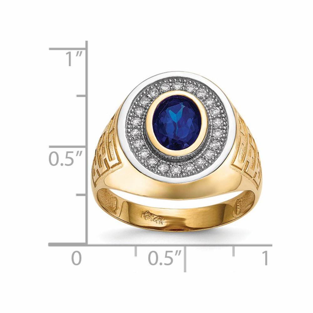 Quality Gold Men's Rhodium CZ and Oval Blue CZ Ring in 14K Yellow Gold - Size 10