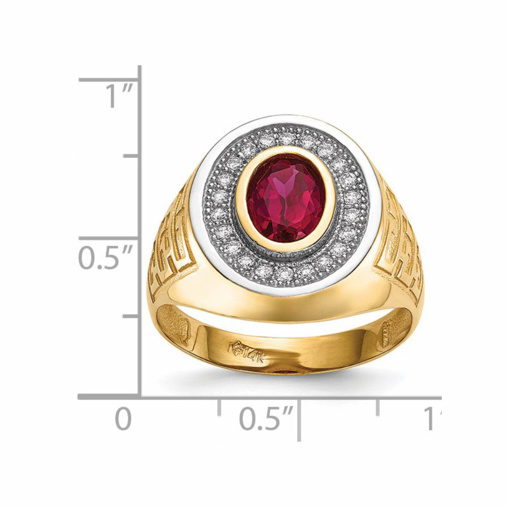 Quality Gold Men's Rhodium CZ and Oval Red CZ Ring in 14K Yellow Gold - Size 10