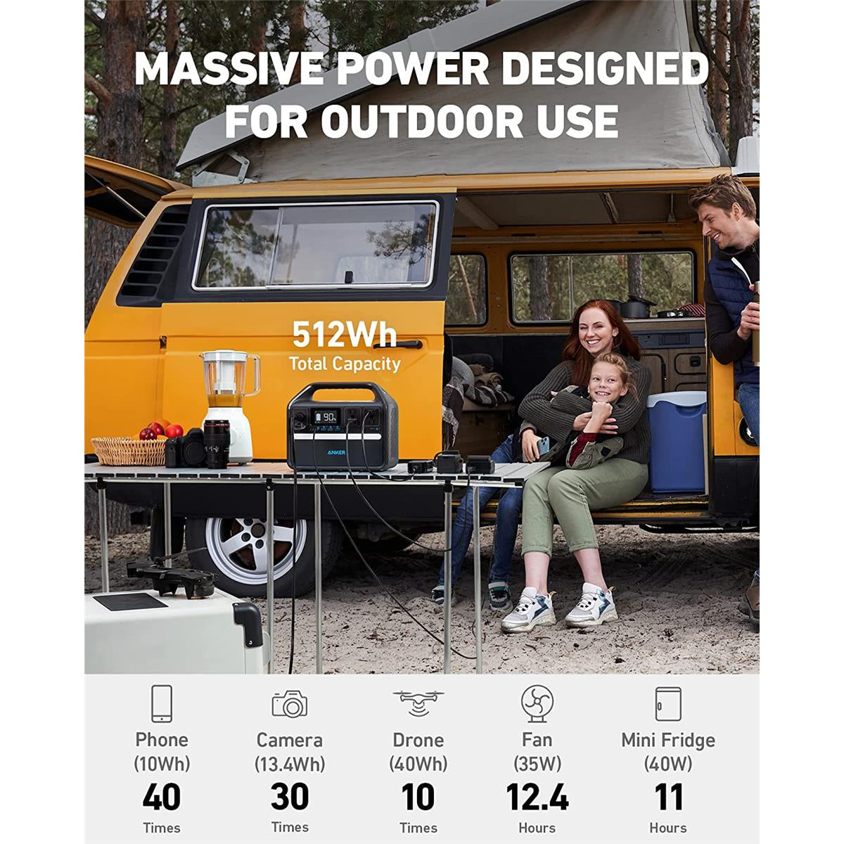 Anker 535 PowerHouse USB-C Portable Power Station with Smart LED Display (512Wh, 500W) - Black