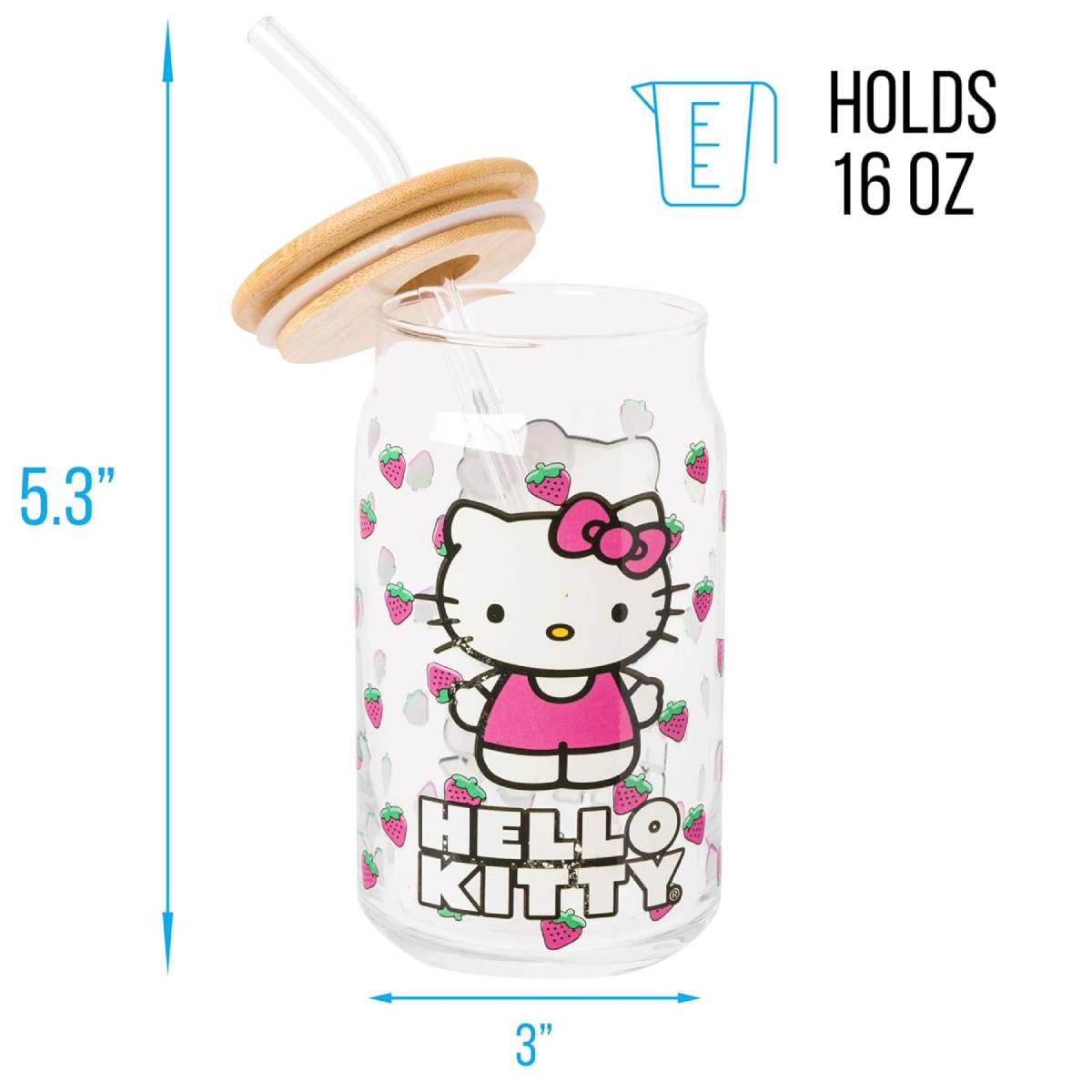 Sanrio Hello Kitty 16 oz Strawberry Toss Glass Tumbler with Lid and Straw - Multicolor