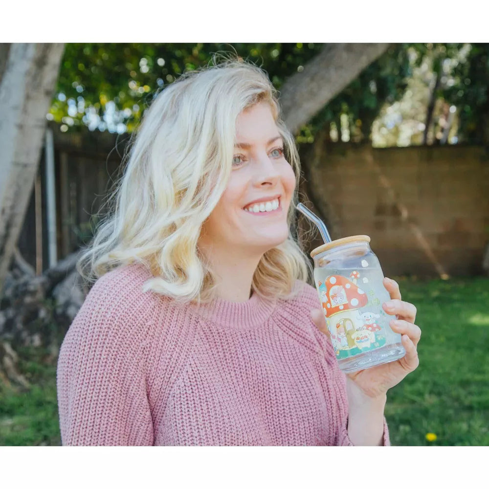 Sanrio Hello Kitty and Friends Mushroom 20 oz Glass Tumbler With Bamboo Lid and Straw - Multicolor