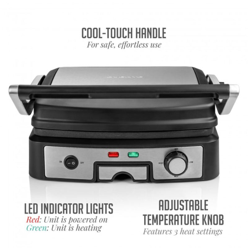 Ovente GP1861BR 4-Slice Electric Panini Grill with Double-Sided Non-Stick Plates - Silver