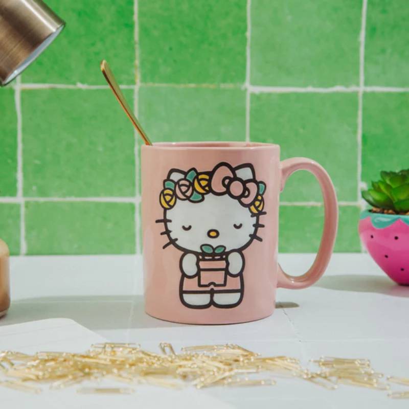 Sanrio Hello Kitty Flower Badge Wax Resist 18 oz Ceramic Pottery Mug - Pink
