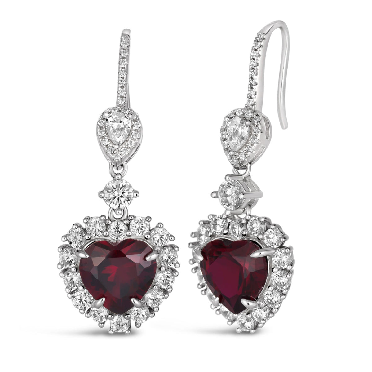 Anna Zuckerman Kate 24 Women's 2 ct. Ruby 3 ct. Diamond Crystalline Calista Heart Shaped Earrings in Platinum-Plating over 925 Sterling Silver