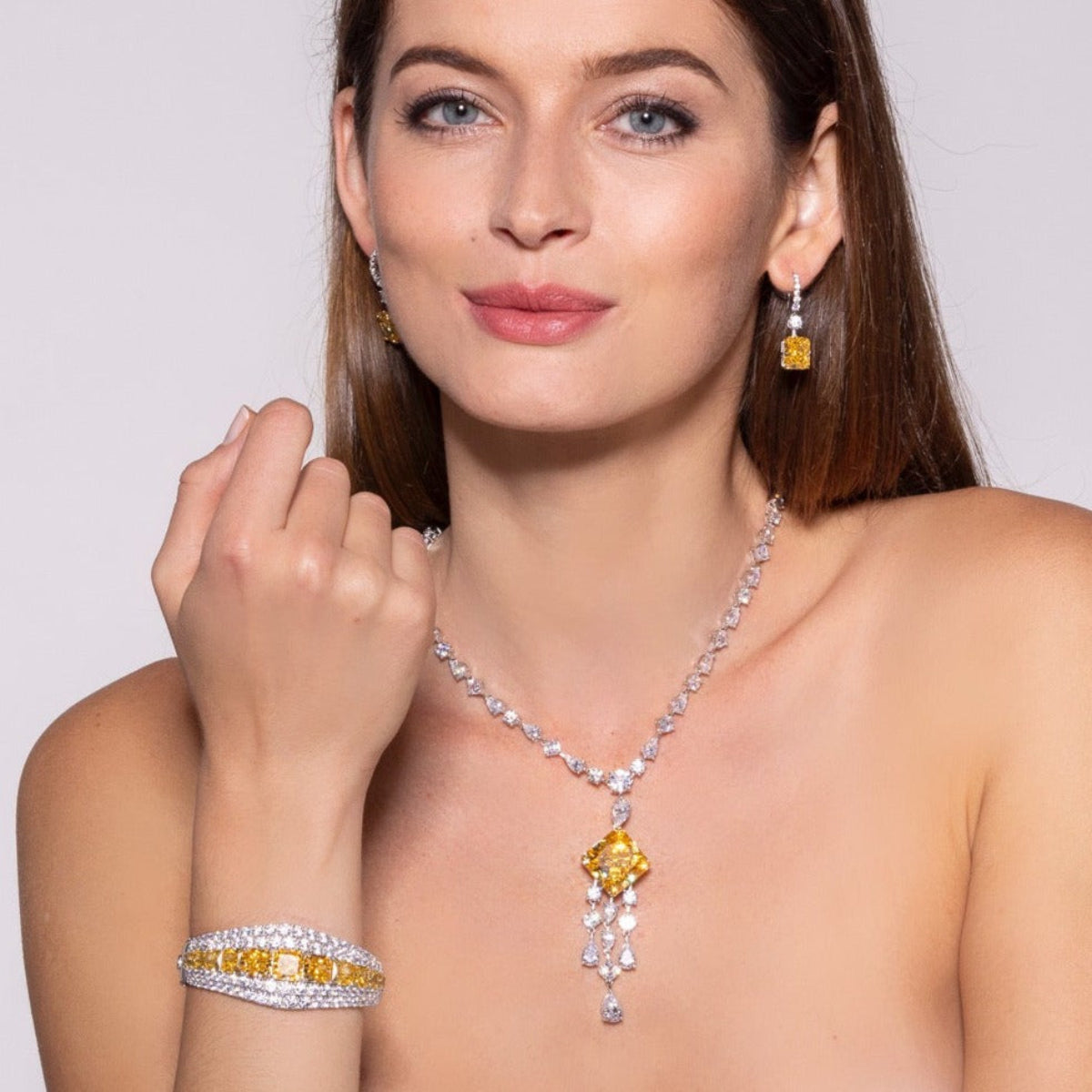 Anna Zuckerman Diana 07 Women's 10 ct. Diamond Crystalline & Canary Yellow Sonata Drop Earrings in Platinum-Plating over 925 Sterling Silver