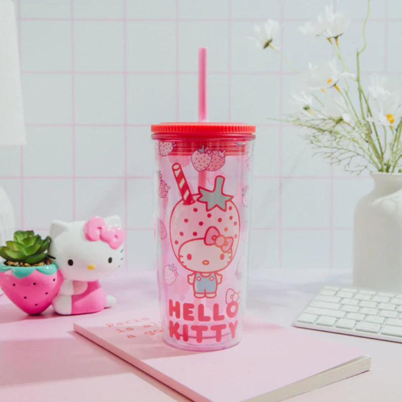 Sanrio Hello Kitty Strawberries 20 oz Tumbler With Lid and Straw - Pink