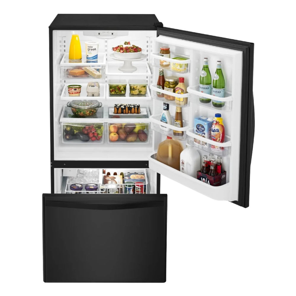 Bundle: Whirlpool 18.7 cu. ft. Bottom-Freezer Refrigerator with SpillGuard Glass Shelves - Black + Chandler (6-Piece) Dining Table Set by Vilo Home - Gray