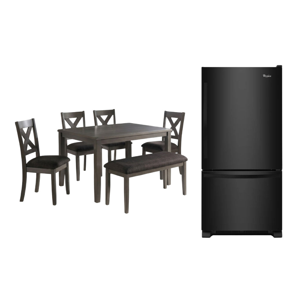 Bundle: Whirlpool 18.7 cu. ft. Bottom-Freezer Refrigerator with SpillGuard Glass Shelves - Black + Chandler (6-Piece) Dining Table Set by Vilo Home - Gray