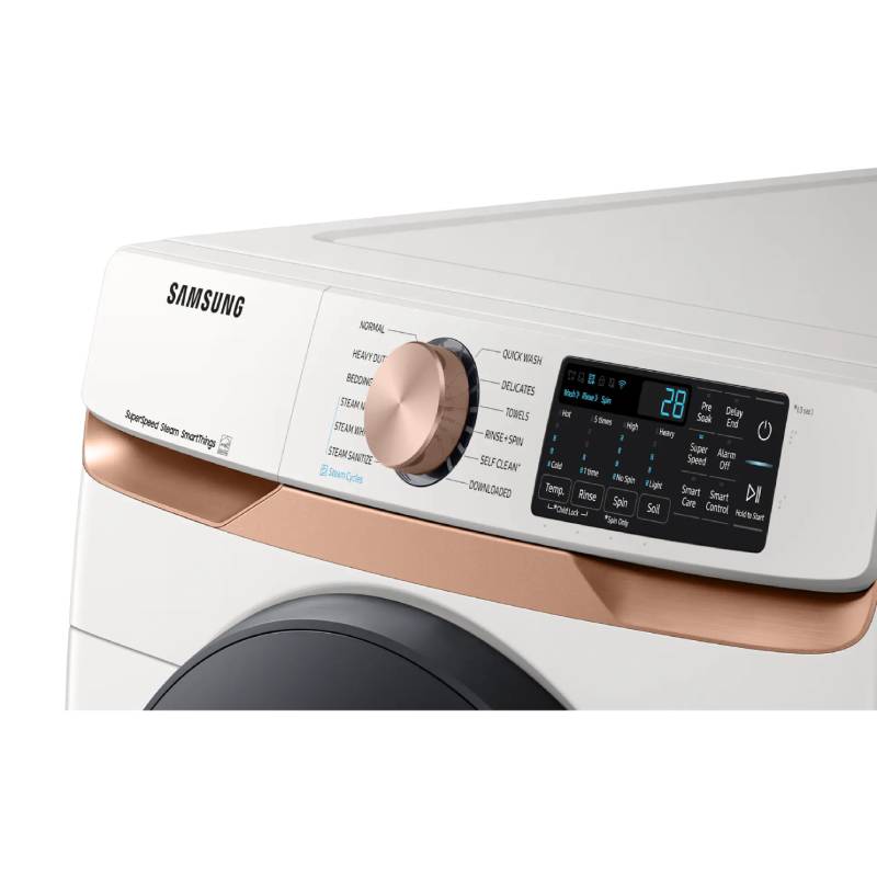 Bundle: Samsung 5.0 cu. ft. Smart Front Load Washer with Super Speed Wash and Steam + 7.5 cu. ft. Stackable Smart Gas Dryer with Steam and Sensor Dry - White