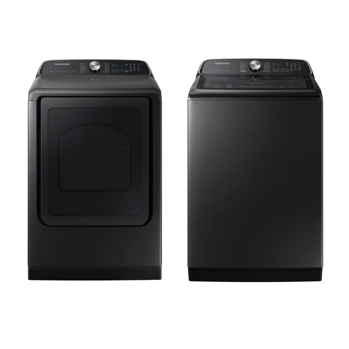 Bundle: Samsung 5.5 cu. ft. Smart Top Load Washer with Super Speed Wash + 7.4 cu. ft. Smart Front Load Gas Dryer with Steam Sanitize+ - Black