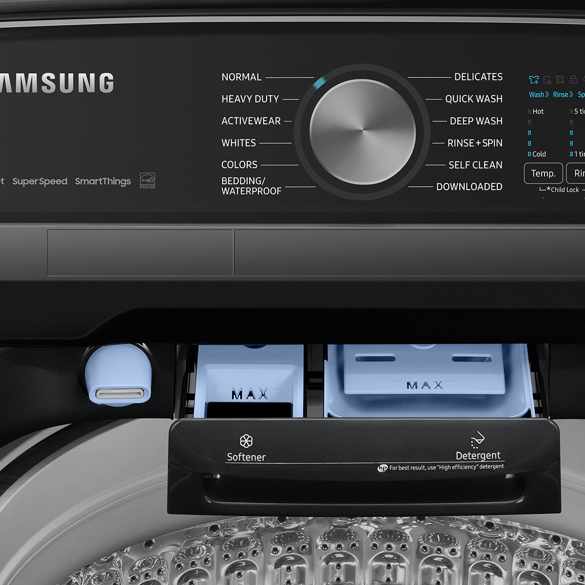 Samsung 5.5 cu.ft. Top Load Washer and 7.4 cu.ft. Front Load Gas Dryer Set - Black