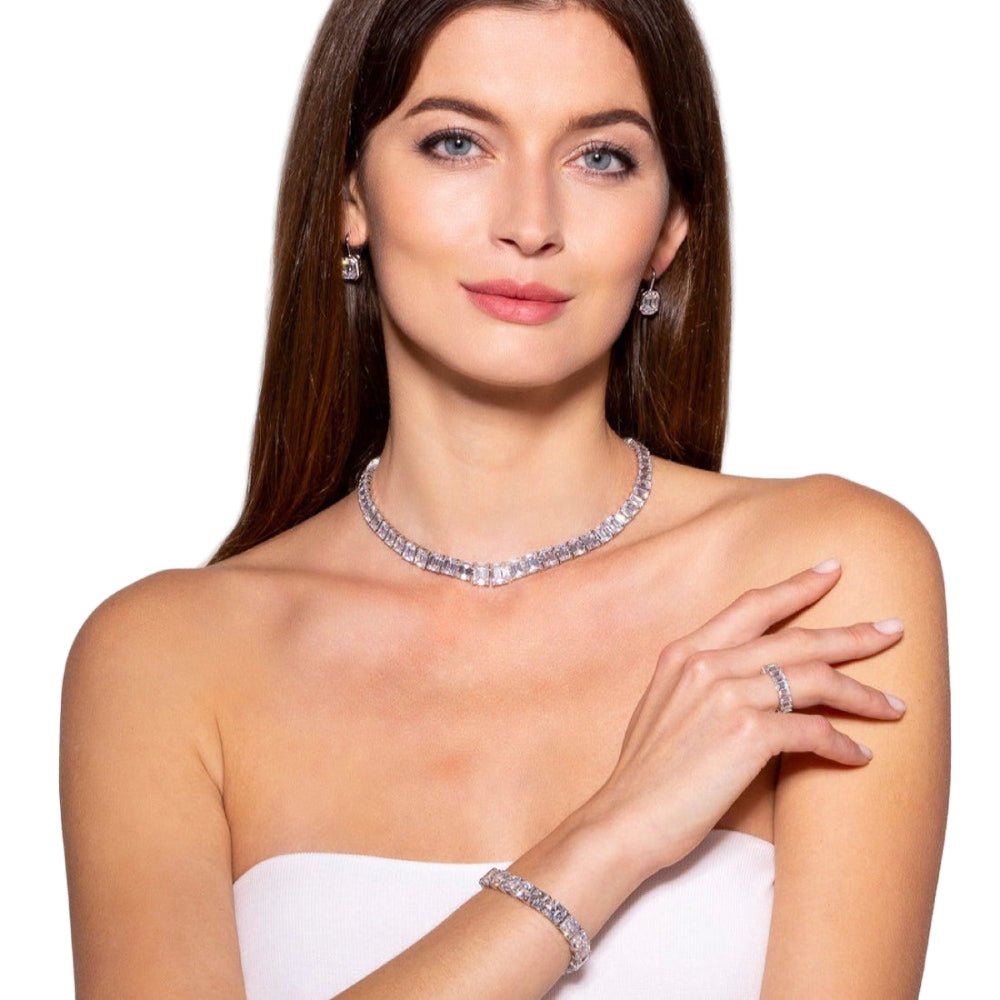 Anna Zuckerman Grace 55 Women's 5 ct. Diamond Crystalline Emerald Cut Eternity Ring in Platinum-Plating over 925 Sterling Silver