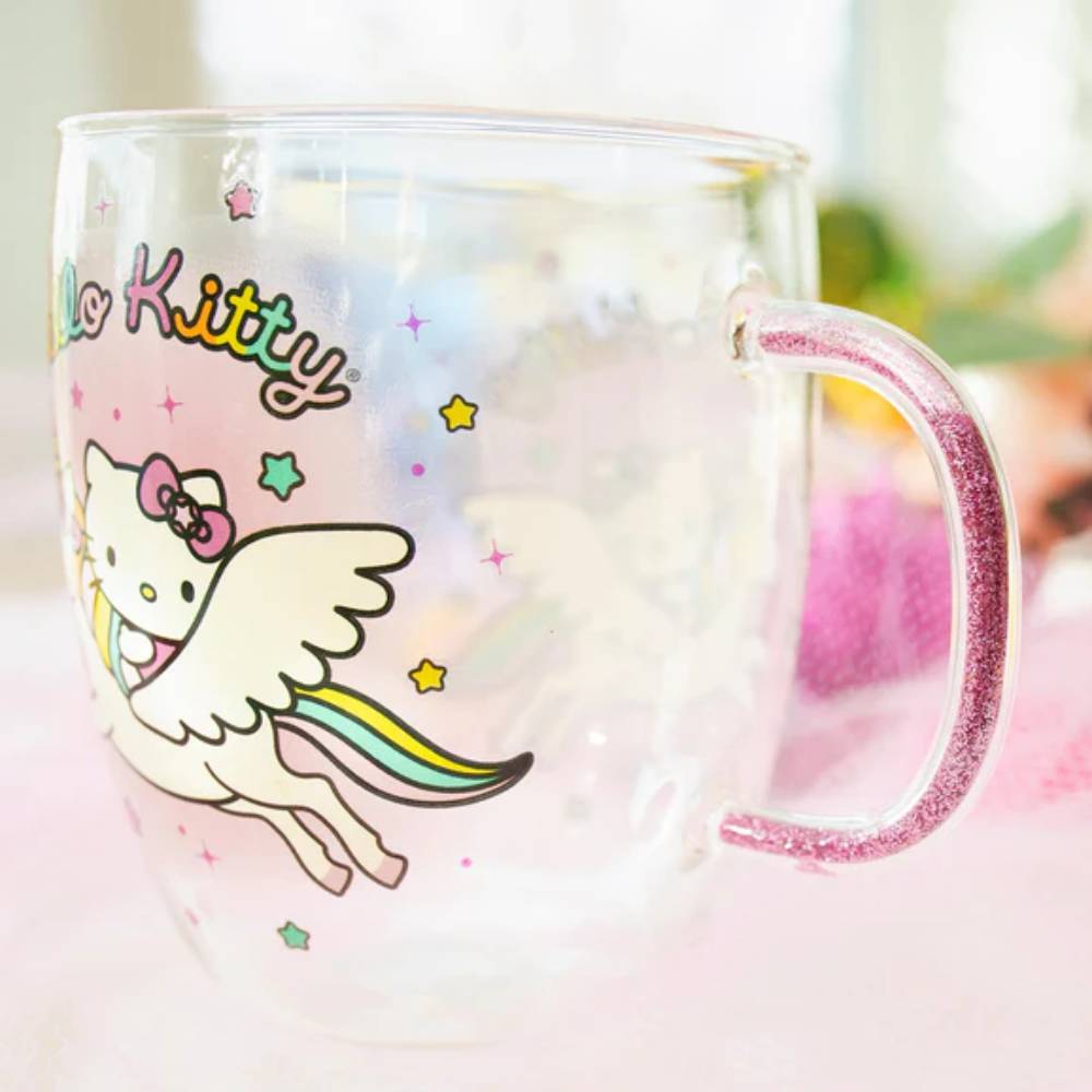 Sanrio Hello Kitty Unicorn 14 oz Glass Mug With Glitter Handle - White/Pink