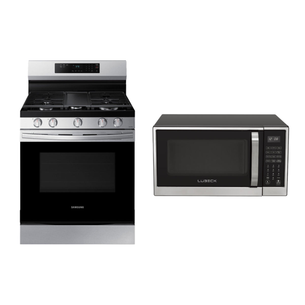 Bundle: Samsung 6.0 cu. ft. Freestanding Gas Range with 18K BTU Dual Power Burner & Self Clean + Lubeck 1.3 cu. ft. 1000 Watt Air Fry Microwave Oven - Silver