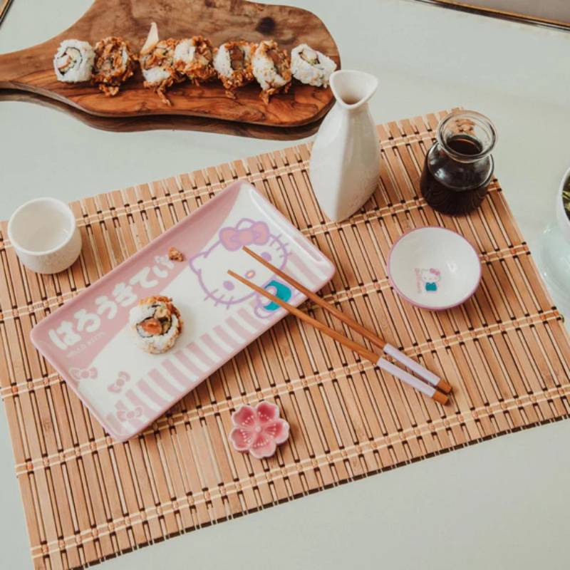 Sanrio Hello Kitty Pink Ceramic Sushi Set With Sauce Bowl and Chopsticks (3 Piece)
