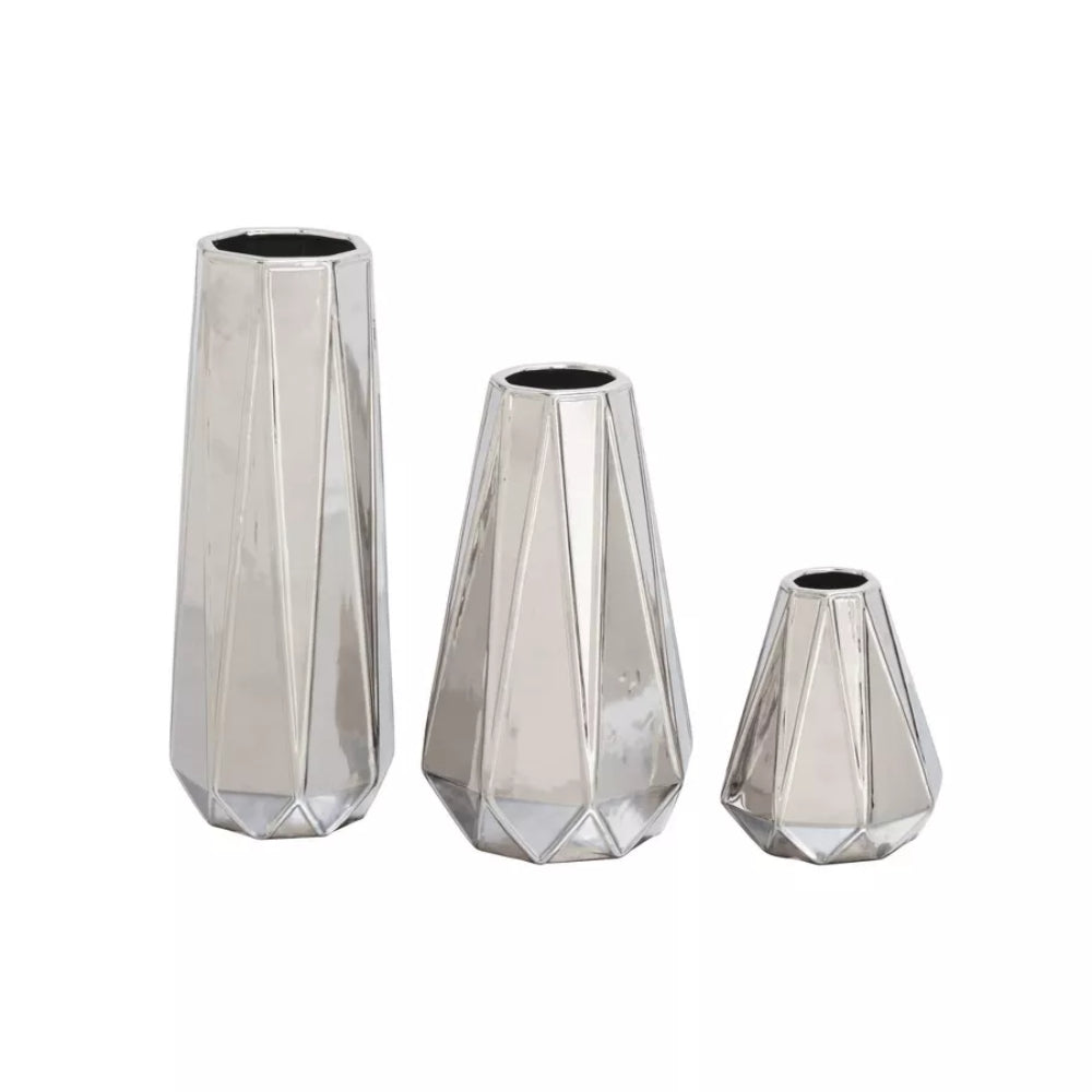 UMA Enterprises Glam Geometric Ceramic Vase (Set of 3) - Silver
