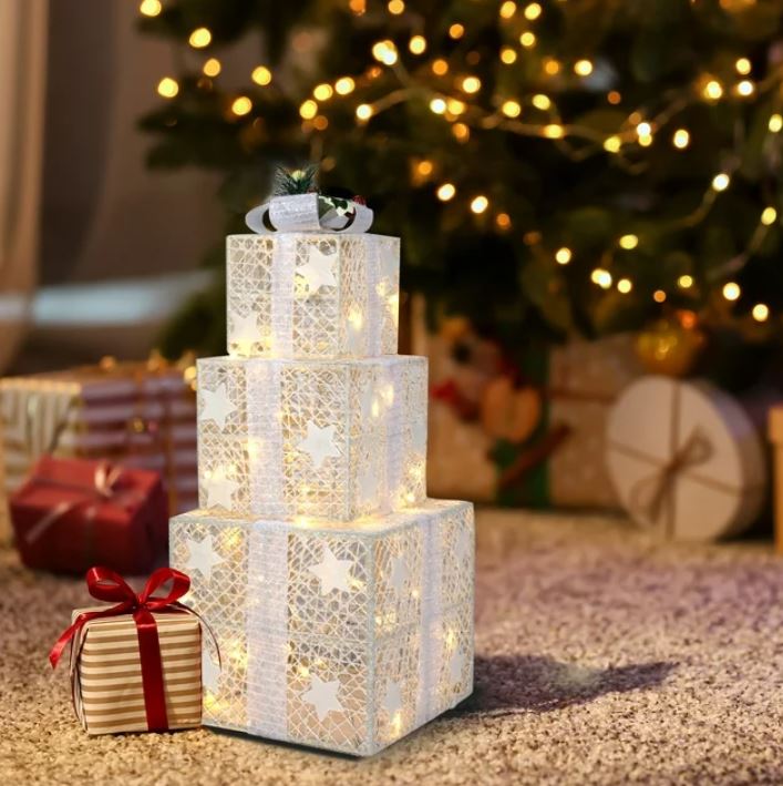 Juego de 3 cajas de regalo iluminadas con decoración navideña y luz cálida, color blanco