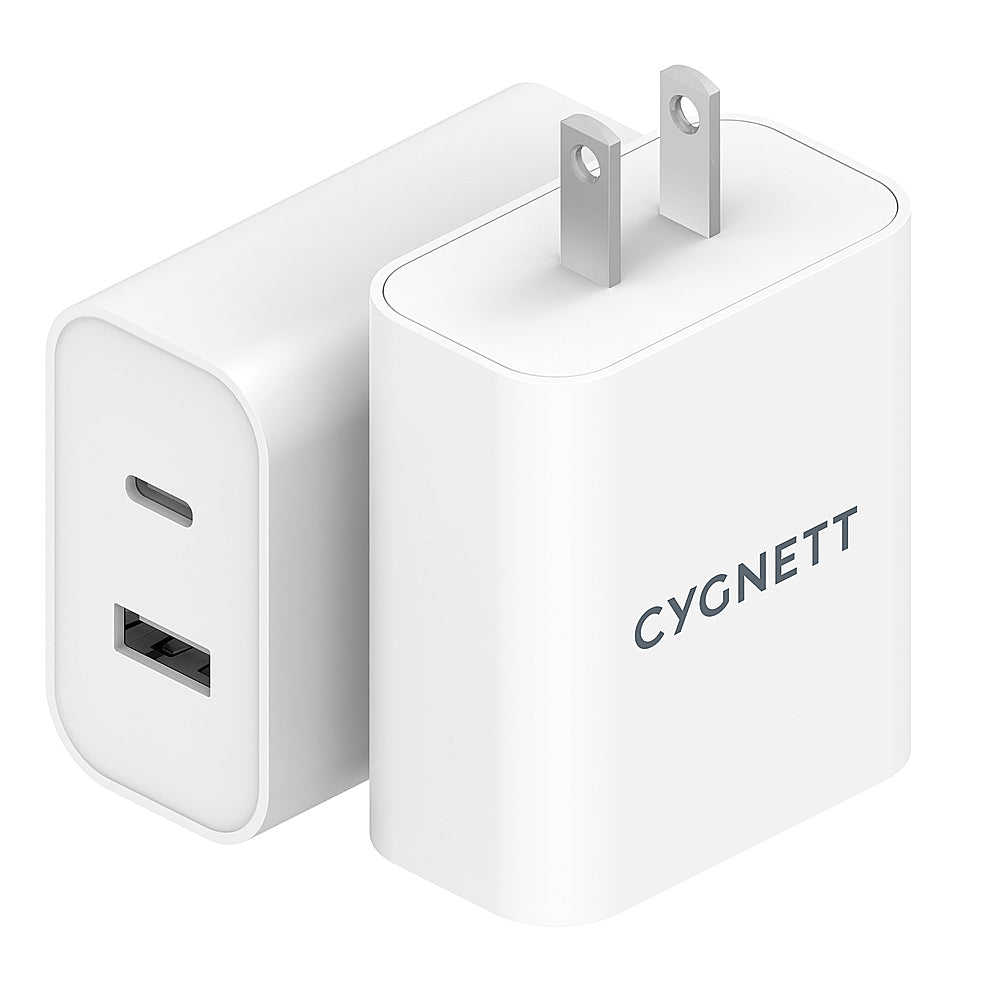 Cargador de pared de dos puertos Cygnett PowerPlus de 38 W con USB-C de 20 W y USB-A de 18 W, color blanco