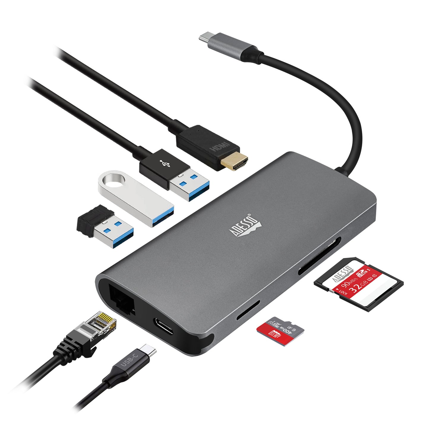 Estación de acoplamiento multipuerto USB-C 8 en 1 Adesso AUH-4030 - Plateado