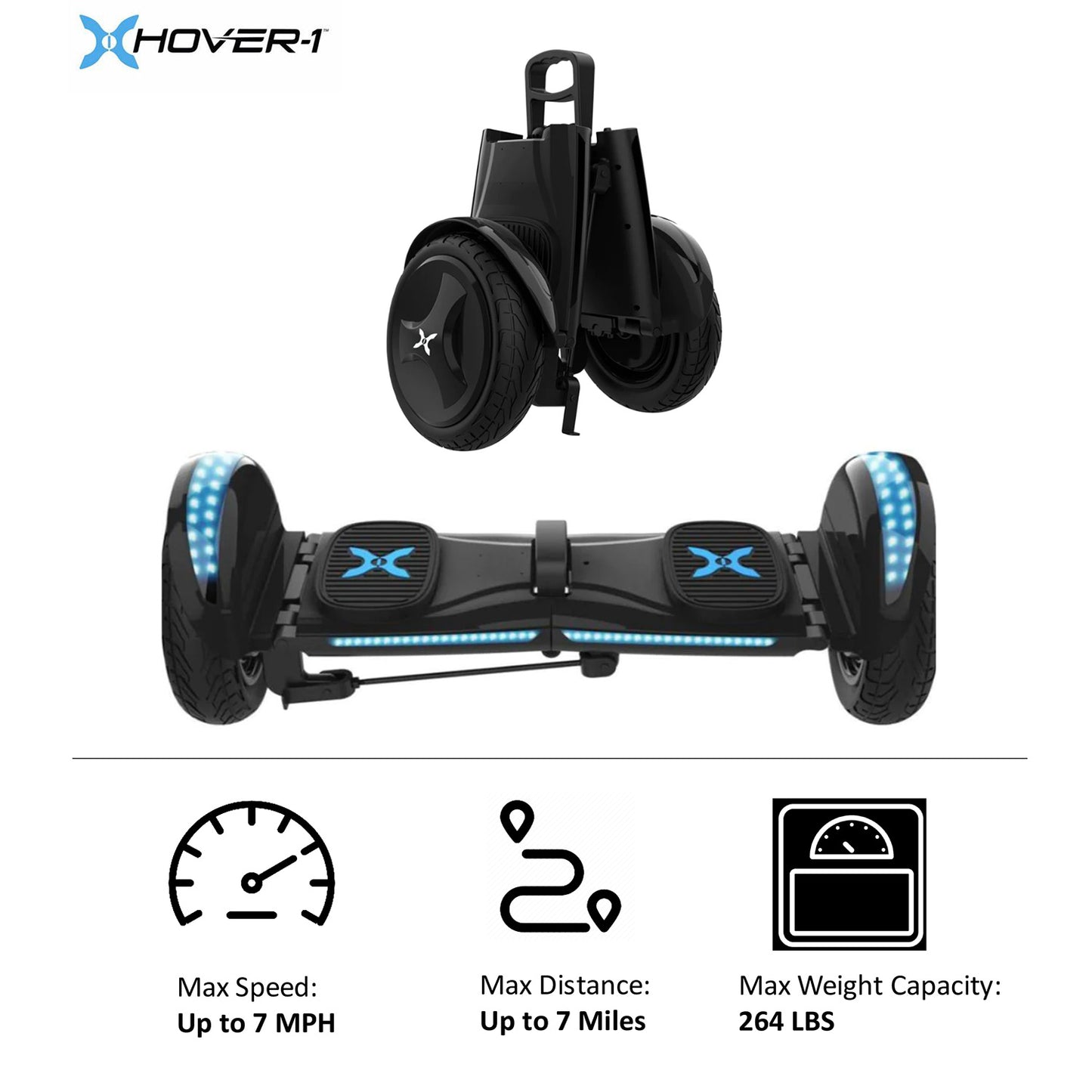 Hoverboard eléctrico Hover-1 Rogue con alcance operativo máximo de 6 millas y velocidad máxima de 7 MPH - Negro