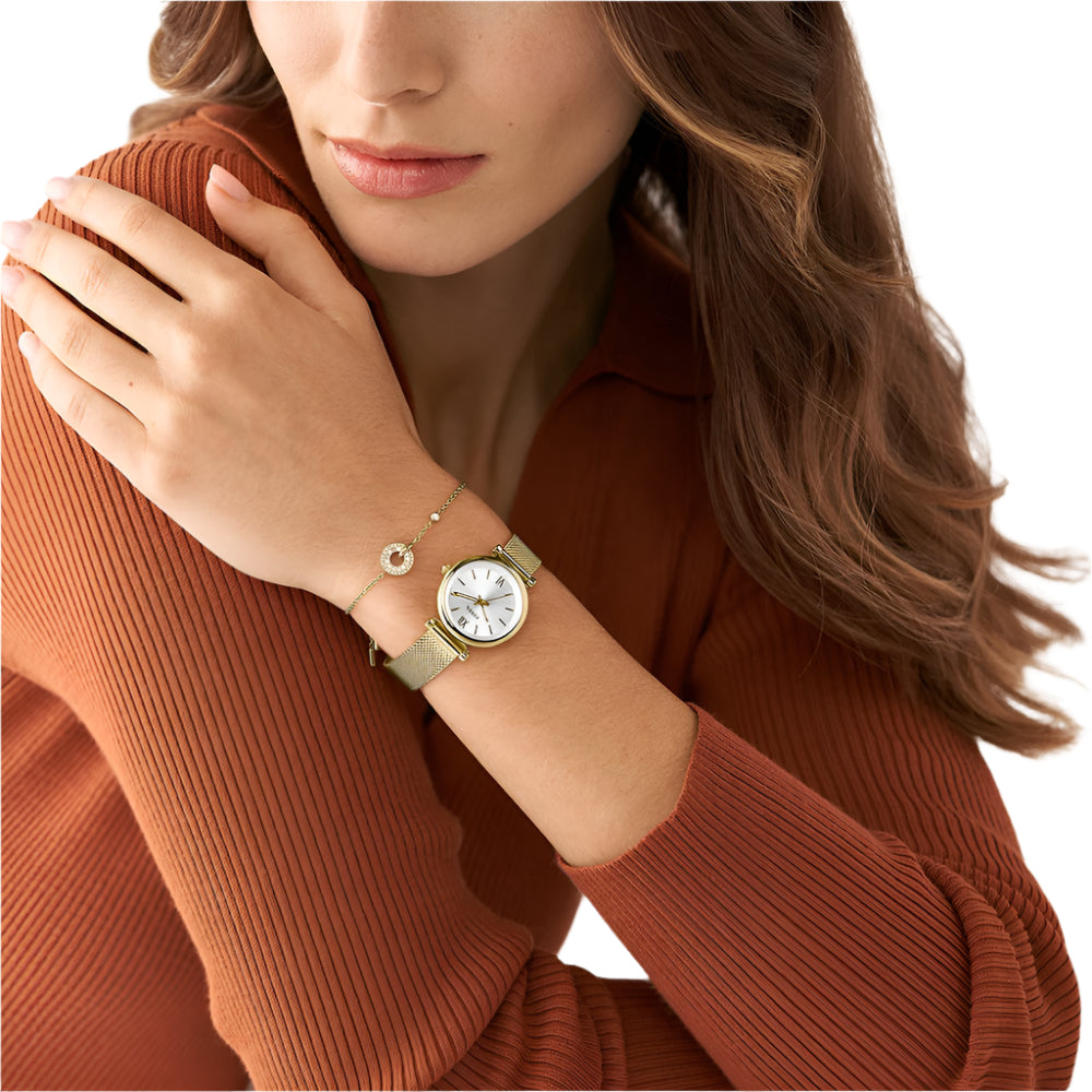 Fossil Carlie Women's 28mm Analog Gold Bracelet Watch with Jewelry Set - White Dial